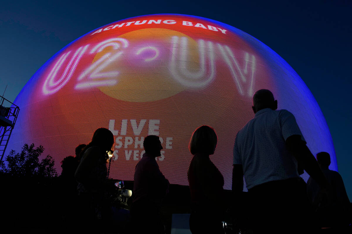 People arrive for the opening night of the Sphere and U2'S “UV Achtung Baby" show, ...