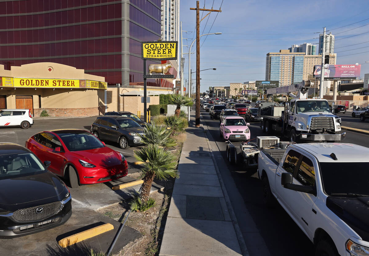 Traffic passes by the Golden Steer on Friday, Nov. 10, 2023, in Las Vegas. (Kevin Cannon/Las Ve ...