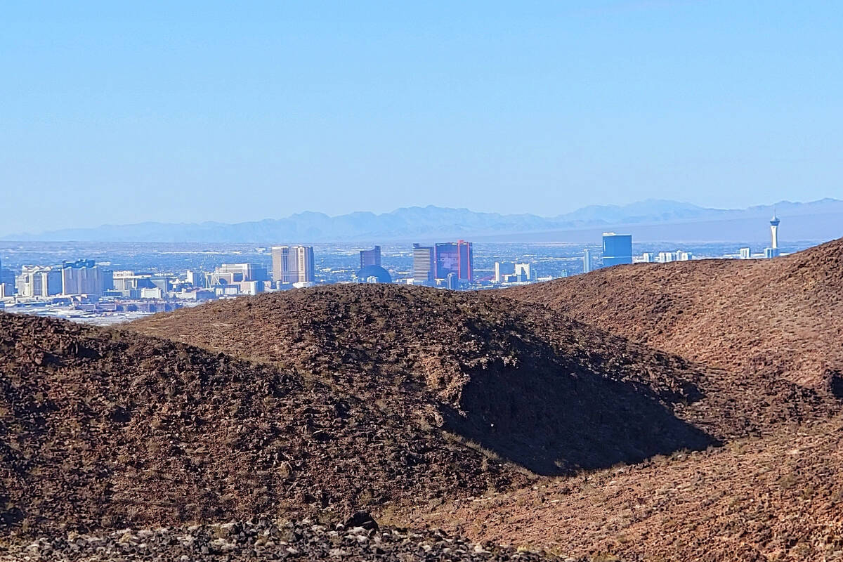 Nearing the finish line at Anthem Hills Park, west-bound hikers enjoy stunning views of the Las ...