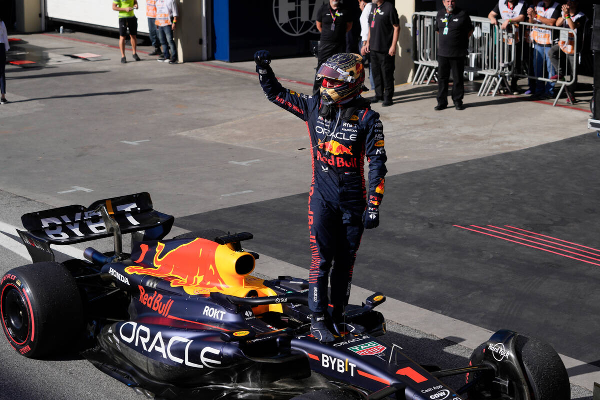 Red Bull driver Max Verstappen of the Netherlands celebrates finishing first in the Brazilian F ...