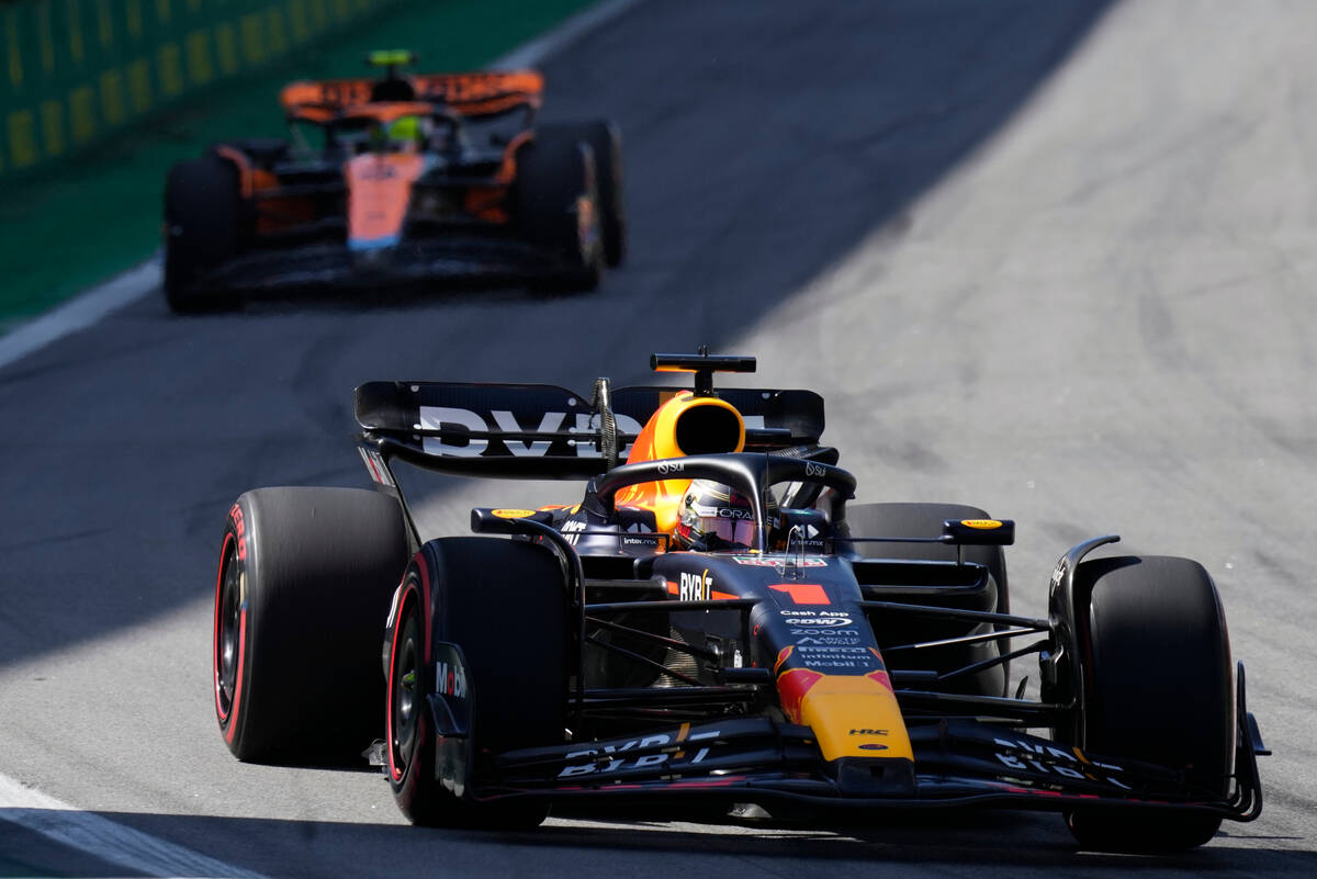 Red Bull driver Max Verstappen of the Netherlands steers his carduring the Brazilian Formula On ...