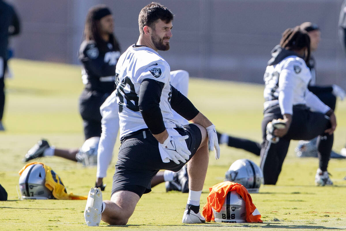 Raiders tight end Jesse James (88) stretches during practice at the Intermountain Health Perfor ...