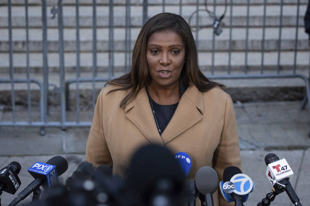 New York Attorney General Letitia James addresses the media outside New York Supreme Court, Wed ...