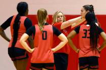 UNLV Lady Rebels head coach Lindy La Rocque, center, talks to her players during team practice, ...