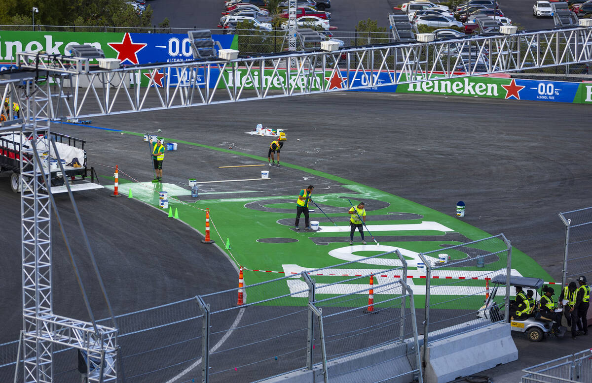 NOV. 7, 2023: Turn One is painted on the track below the Sky Box adjacent to the Formula One La ...