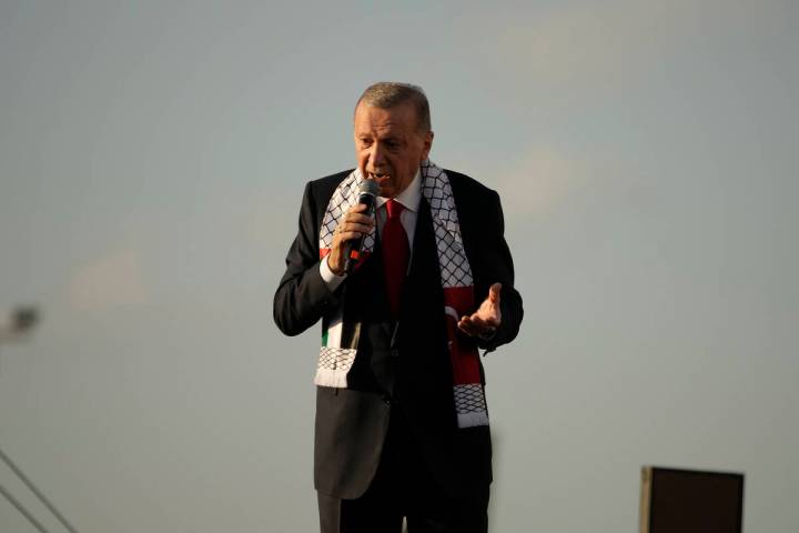 Turkish President Recep Tayyip Erdogan, speaks to the attendees during a rally to show their so ...
