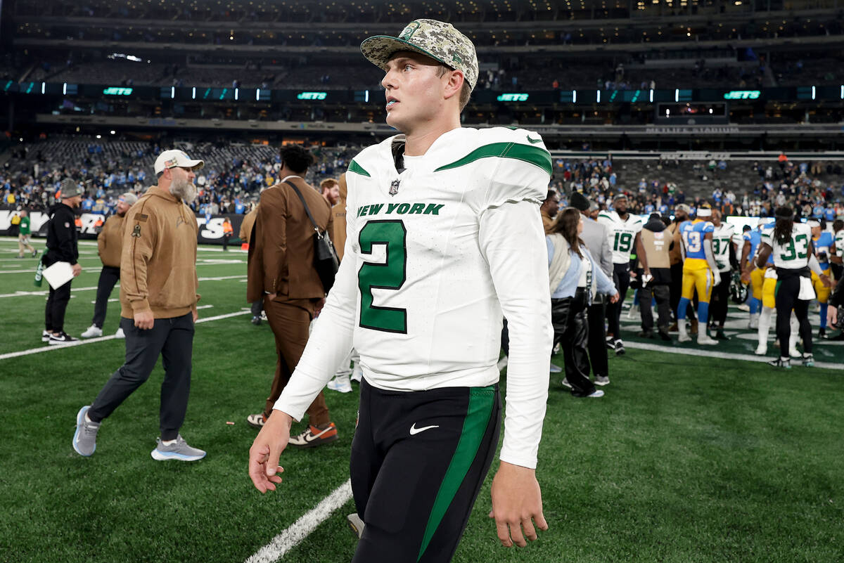 New York Jets quarterback Zach Wilson (2) walks off the field after playing against the Los Ang ...