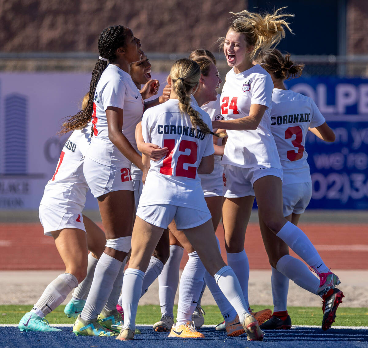 Coronado players celebrate their goal against Bishop Gorman during the second half of their Cla ...