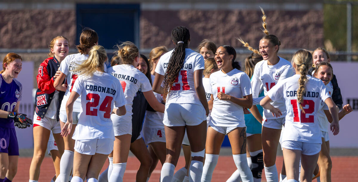 Coronado players celebrate their goal against Bishop Gorman during the second half of their Cla ...