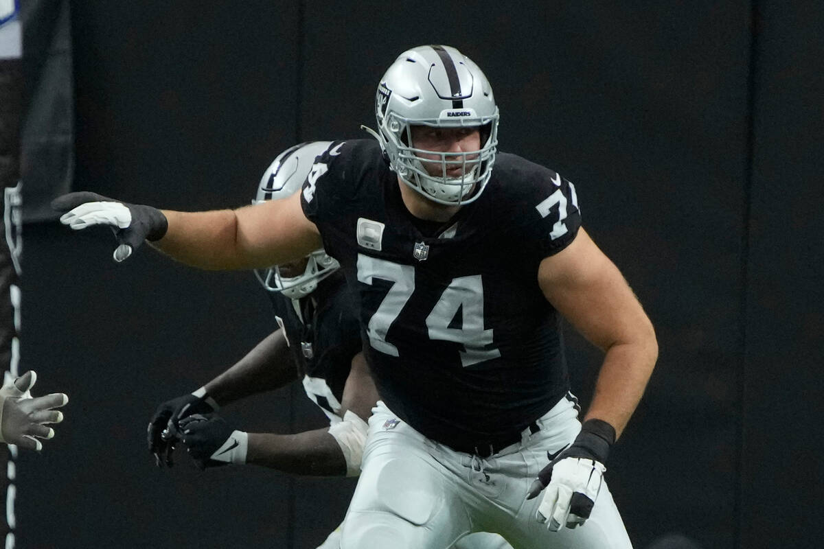 Las Vegas Raiders offensive tackle Kolton Miller (74) during the first half of an NFL football ...