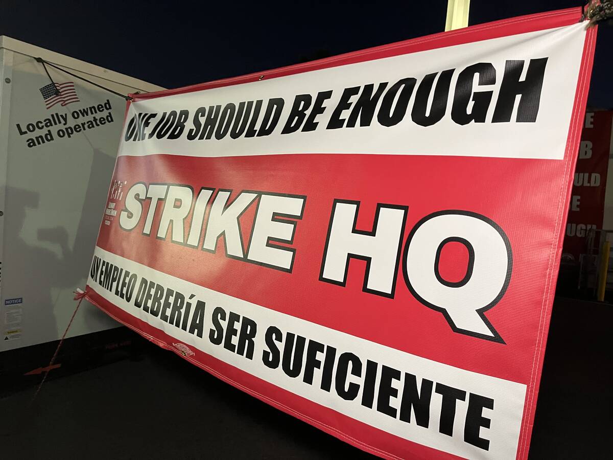 Signs are prepared for a potential strike at Culinary Local 226 headquarters on Monday, Nov. 6, ...