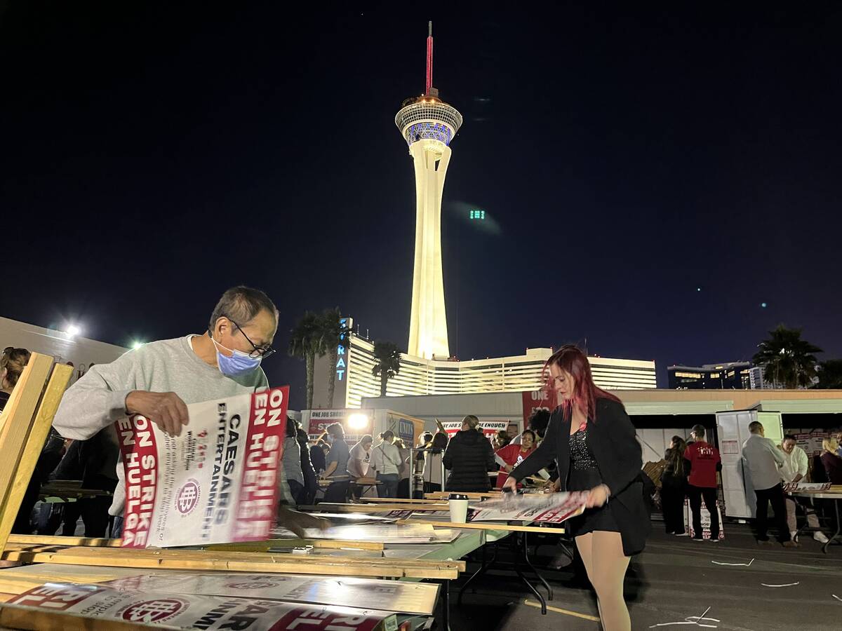 Culinary Local 226 members prepare strike signs at the union's headquarters on Monday, Nov. 6, ...