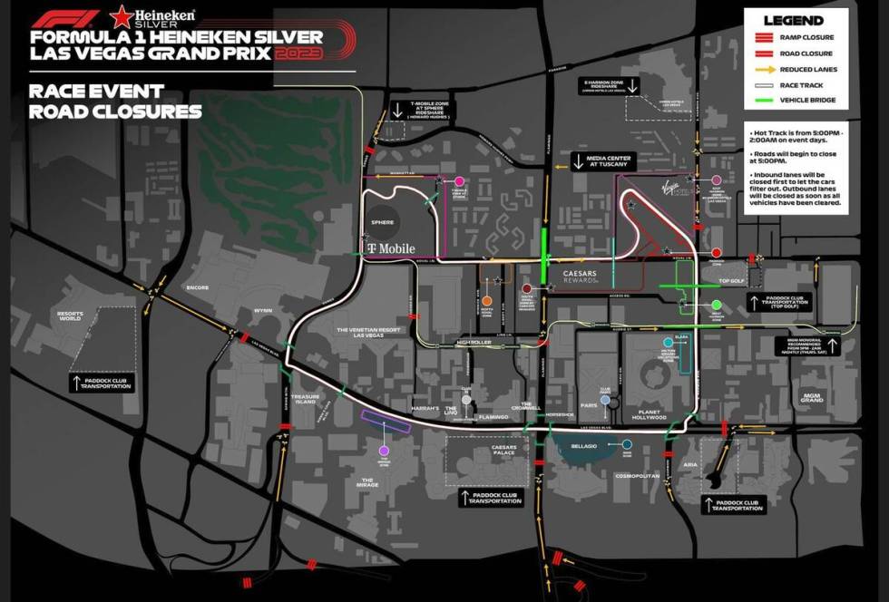A map of road closures near Las Vegas Boulevard during race events on Nov. 16-18. (Courtesy of ...