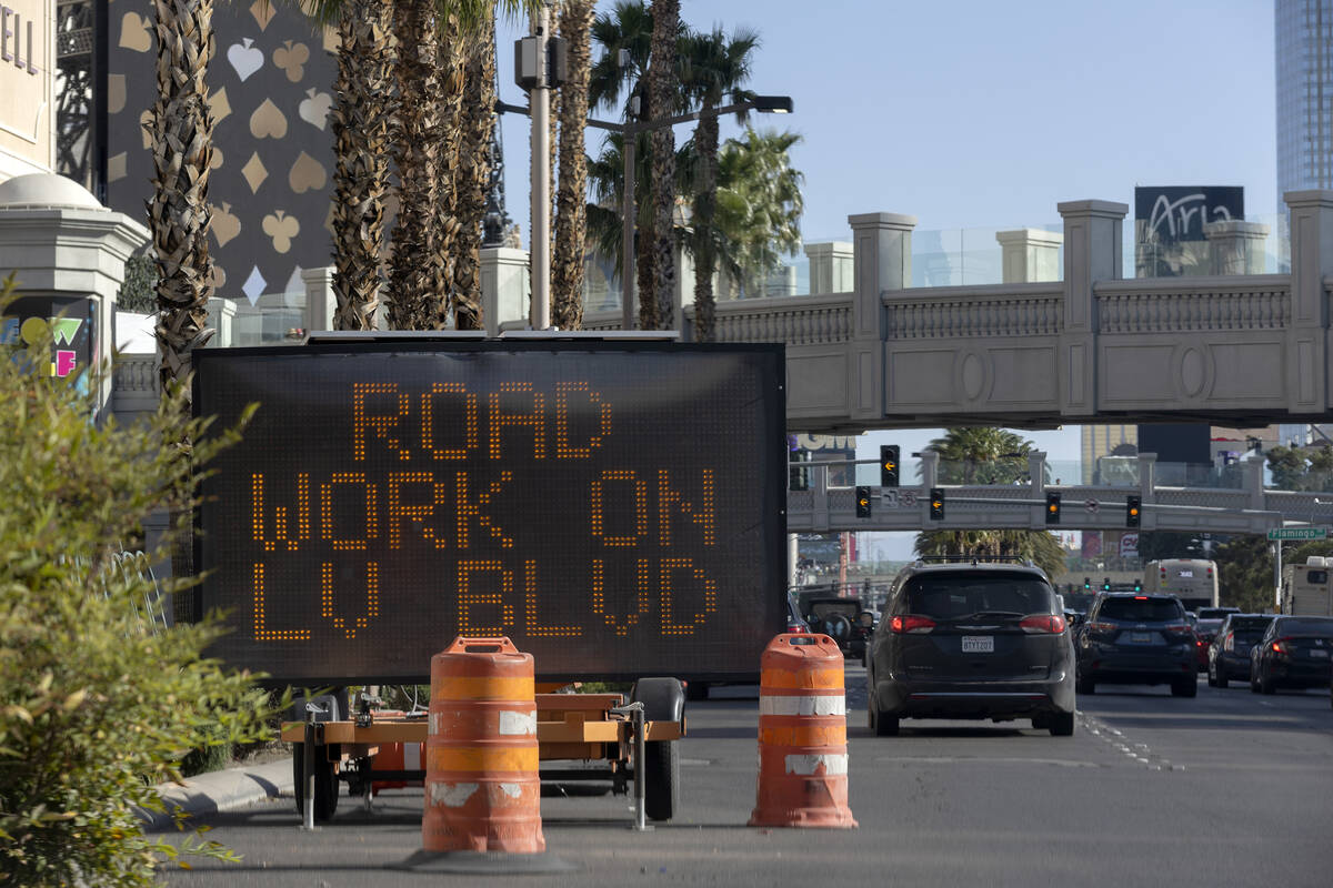 A sign notifies motorists about paving for Formula One on Las Vegas Boulevard in April 2023, in ...