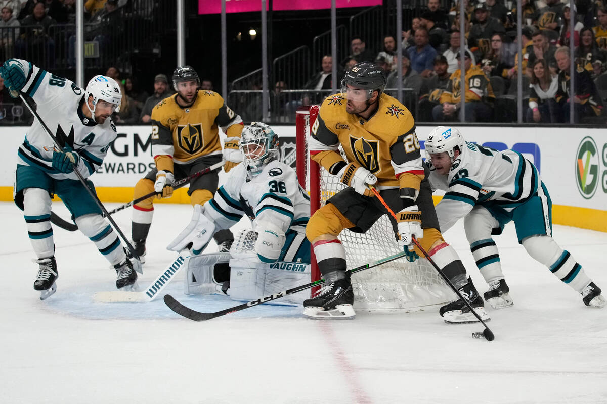 Vegas Golden Knights left wing William Carrier (28) passes against the San Jose Sharks during t ...