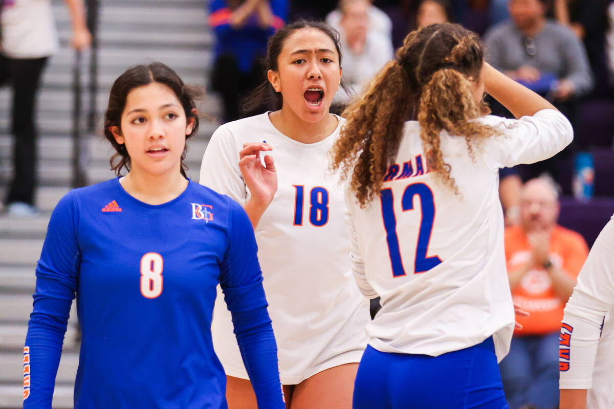 Bishop Gorman’s Leilia Toailoa (18) celebrates after winning a point during the class 5A ...