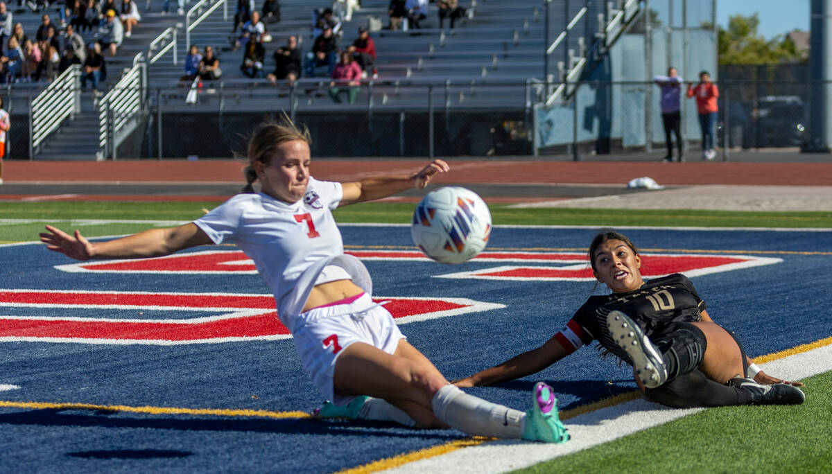 Faith Lutheran midfielder Andrea Leyva (10) saves the ball from going out against Coronado def ...