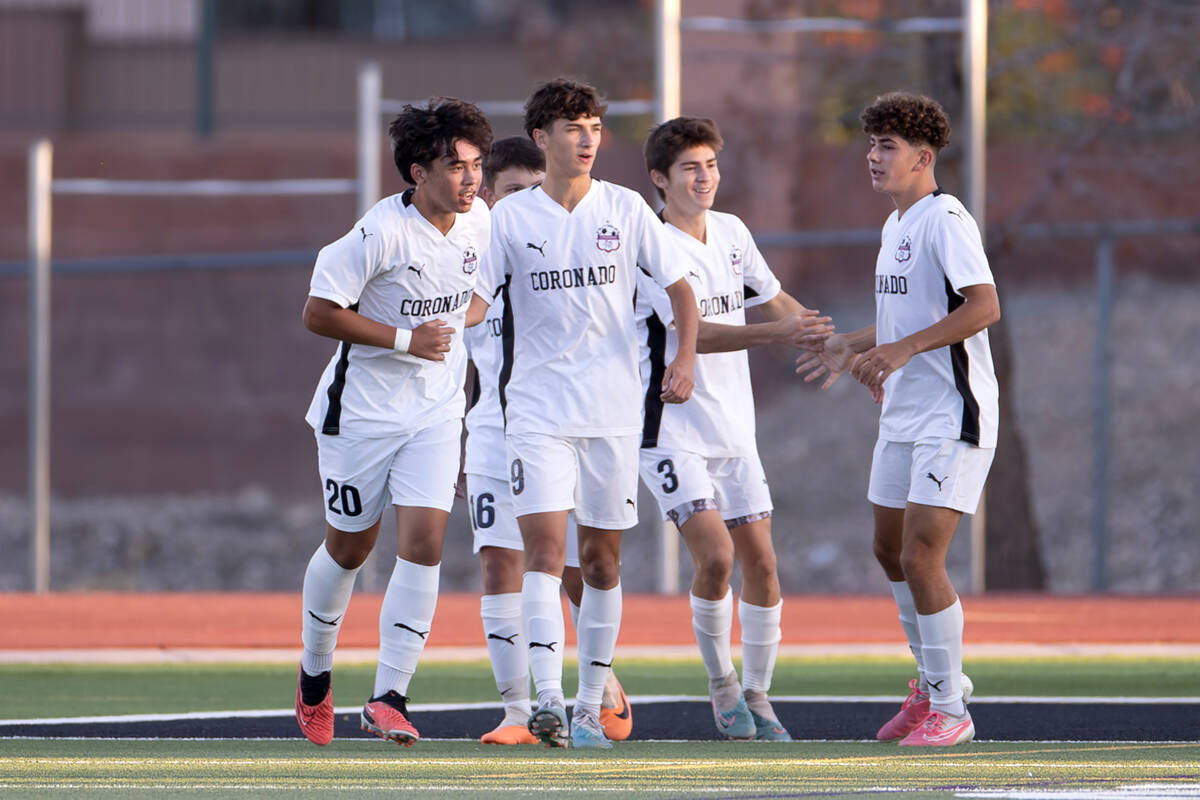 Coronado celebrates their goal over Palo Verde during a boys high school soccer game at Palo Ve ...