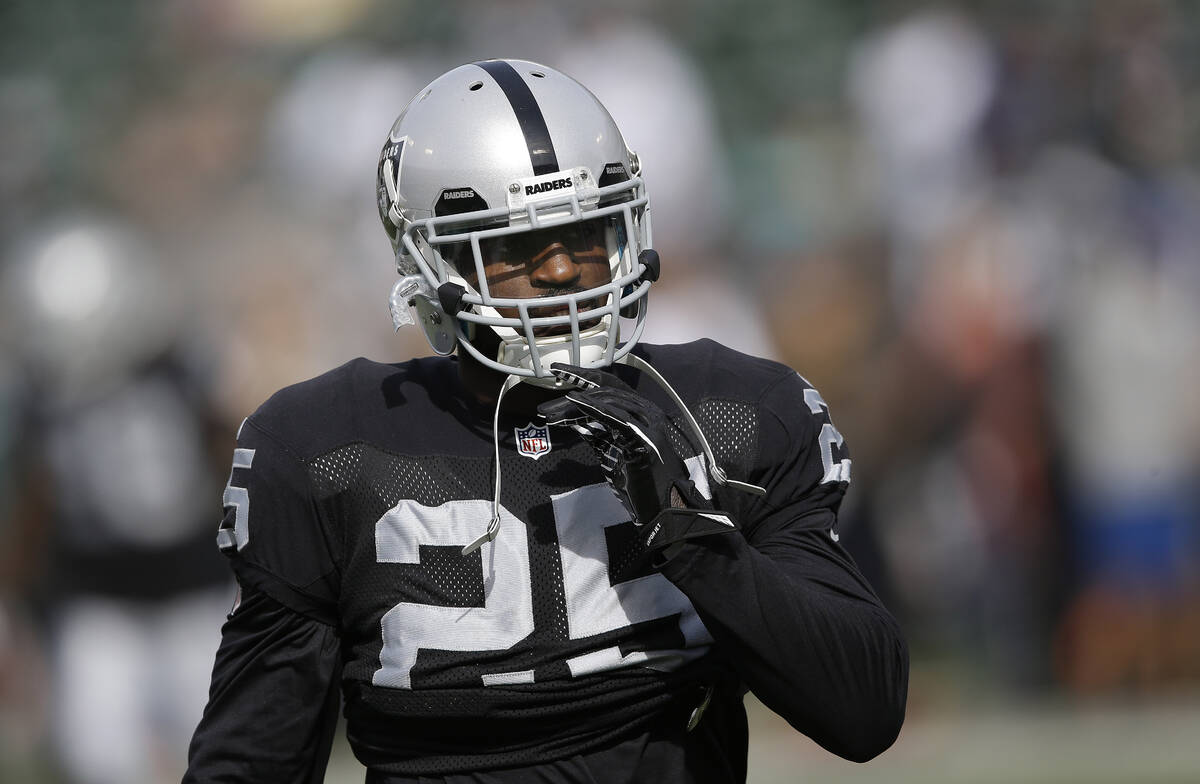 Oakland Raiders cornerback D.J. Hayden (25) warms up before an NFL football game against the Ph ...