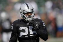 Oakland Raiders cornerback D.J. Hayden (25) warms up before an NFL football game against the Ph ...