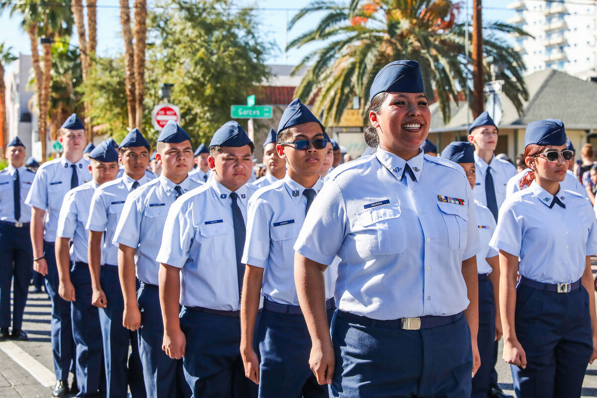 Rancho High School JROTC marches during the annual Veterans Day parade on 4th Street in downtow ...