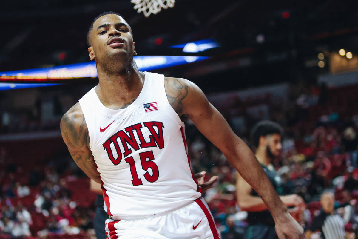 UNLV guard Luis Rodriguez (15) reacts after making a layup during a game against Stetson at Tho ...