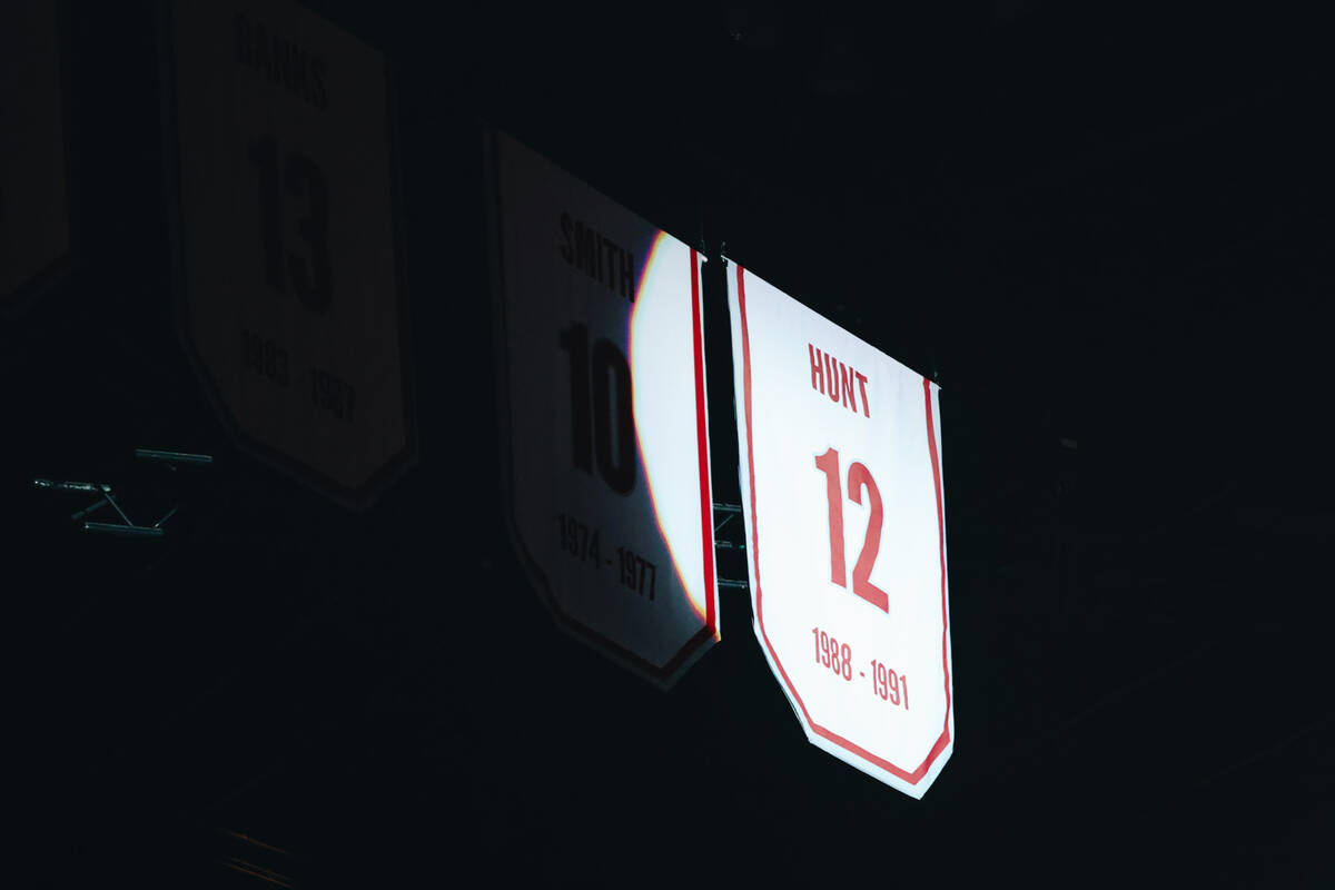 Anderson Hunt’s jersey number is retired into the stands during a ceremony at halftime d ...