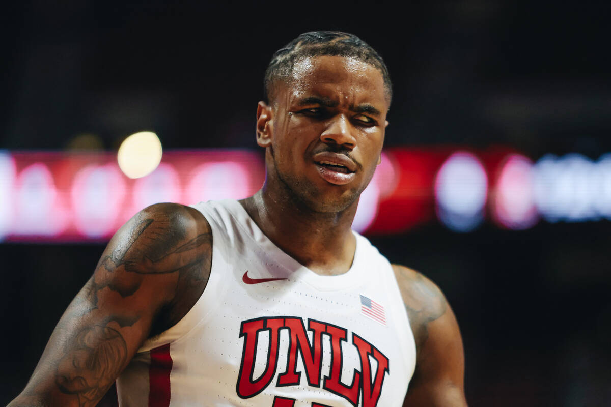 UNLV guard Luis Rodriguez (15) reacts to a Stetson player fouling him during a game at Thomas & ...