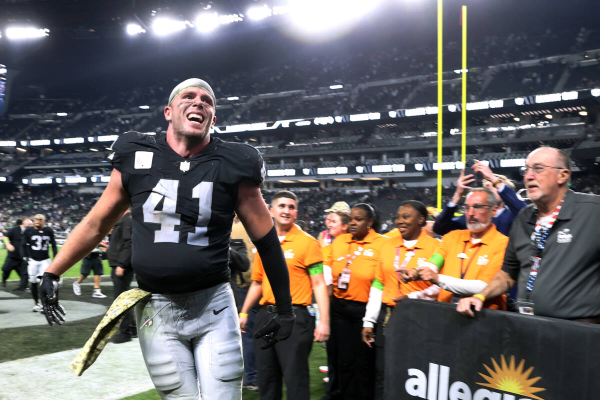 Raiders linebacker Robert Spillane (41) is pumped as he leaves the field against the New York J ...