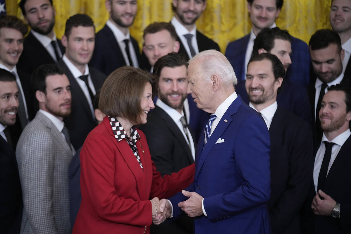 President Joe Biden talks with Sen. Catherine Cortez Mastro, D-Nev., during an event to celebra ...
