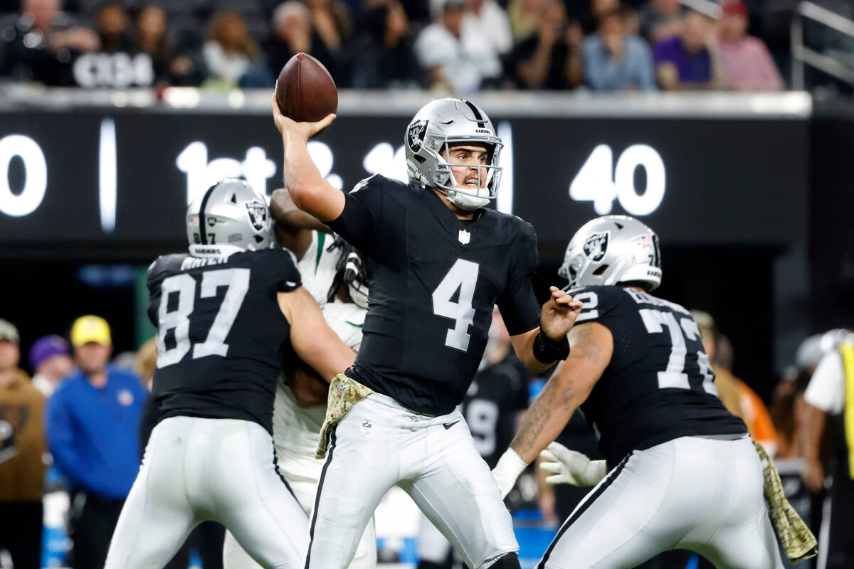 Raiders quarterback Aidan O'Connell (4) throws a pass against New York Jets during the second h ...