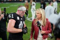 Las Vegas Raiders linebacker Robert Spillane is interviewed by NBC sports sideline reporter Mel ...