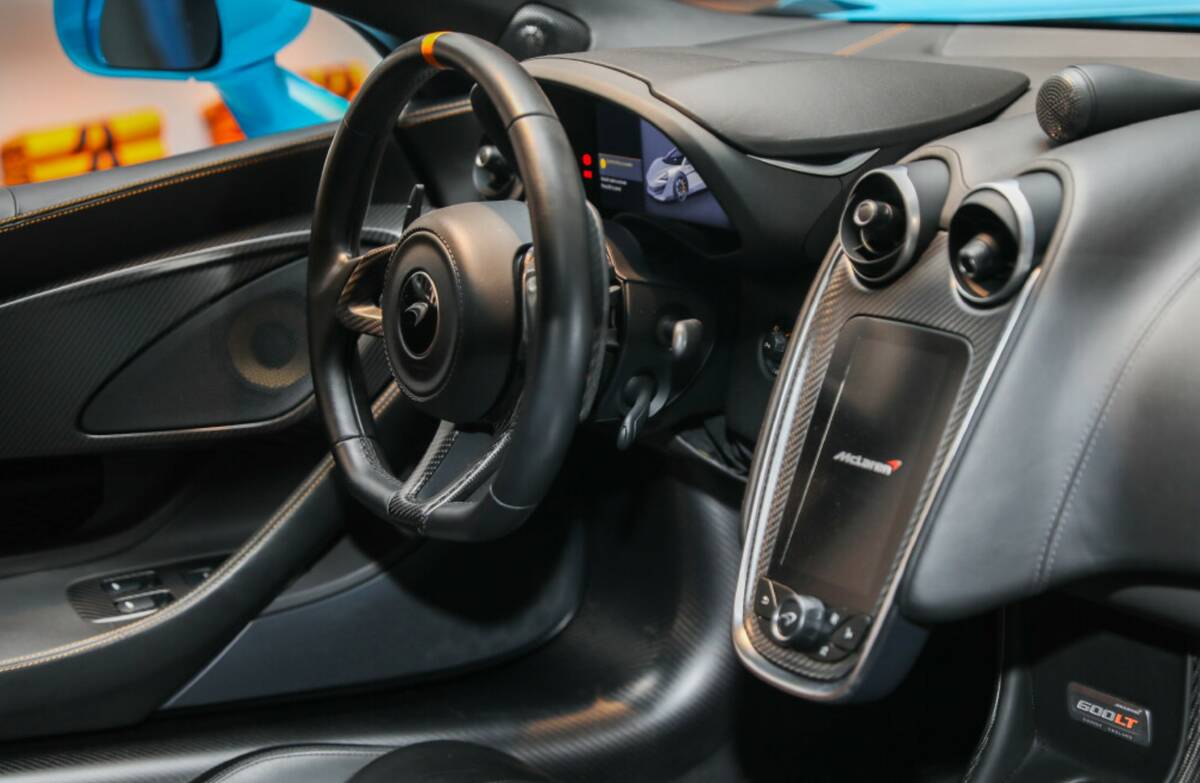 The interior of the 2018 McLaren 600LT, as seen at the McLaren Experience Center at Wynn Las Ve ...
