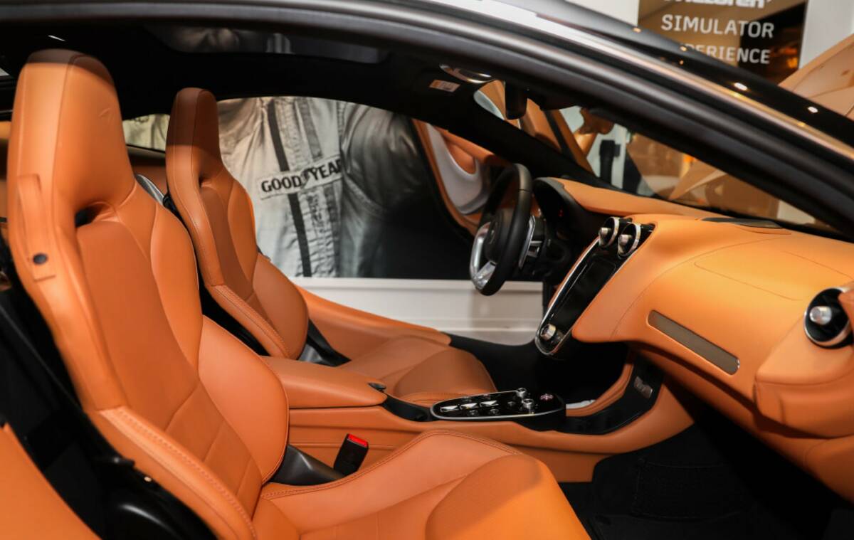 The interior of the 2023 McLaren GT, as seen at the McLaren Experience Center at Wynn Las Vegas ...
