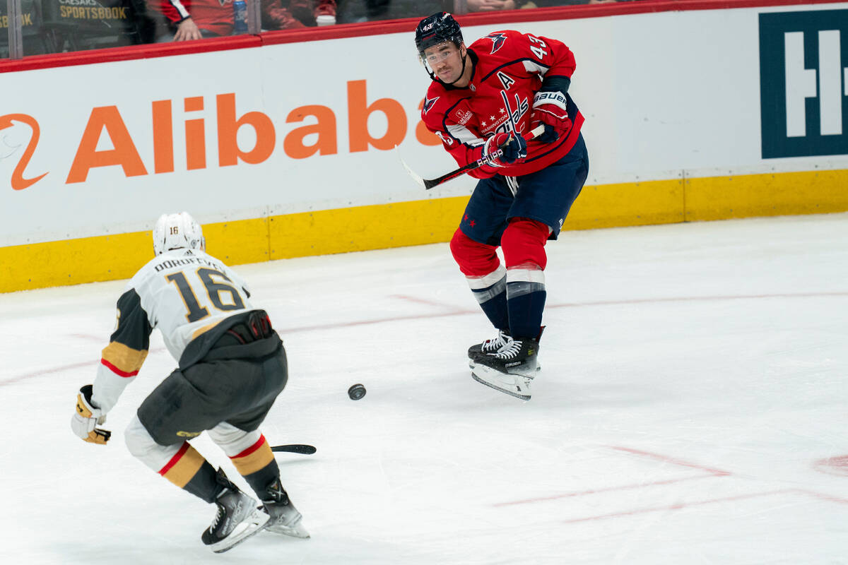 Washington Capitals right wing Tom Wilson takes a shot against Vegas Golden Knights left wing P ...