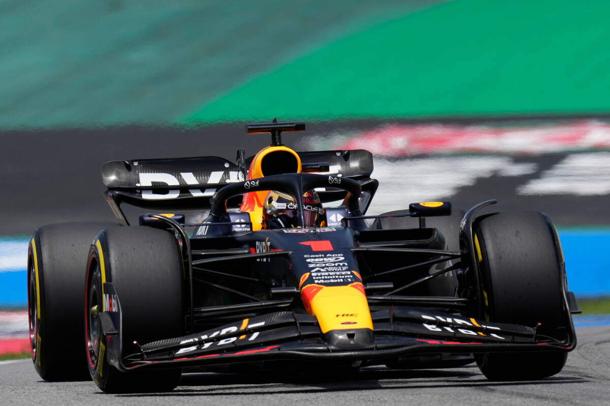 Red Bull driver Max Verstappen of the Netherlands steers his car during the sprint shootout ahe ...