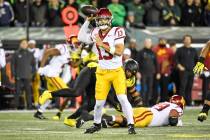 Southern California quarterback Caleb Williams (13) passes against Oregon during the first half ...