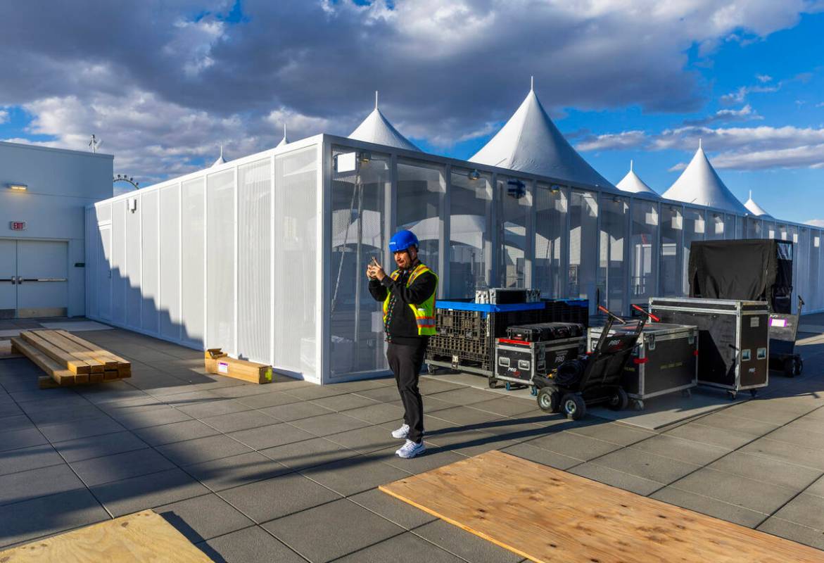 A tented area on the roof of the Formula 1 Grand Prix circuit in Las Vegas during mid-…