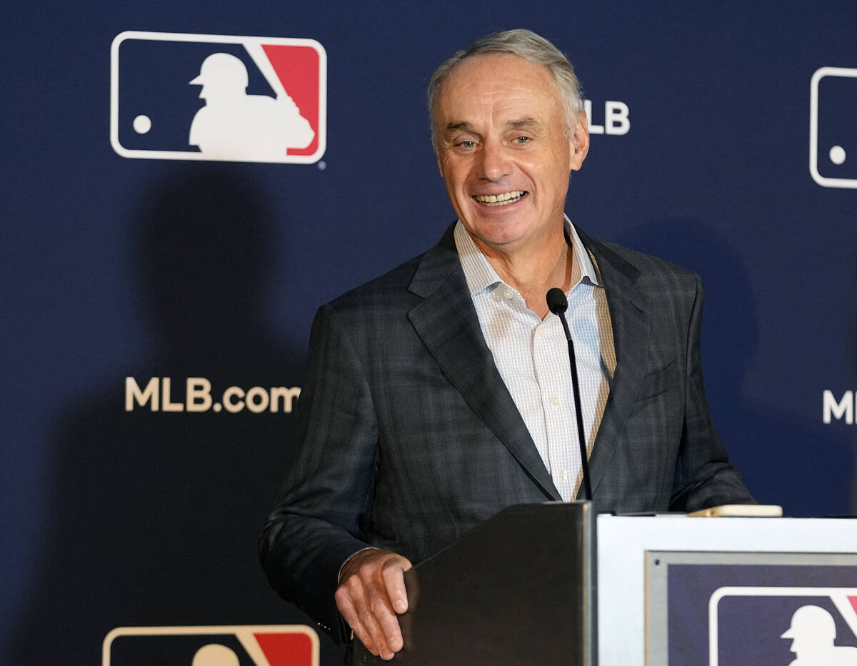 Major League Baseball commissioner Rob Manfred speaks during a news conference after an owners ...