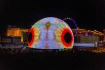 An eyeballs graphic during the opening night of the Sphere with U2 concert on stage Friday, Sep ...