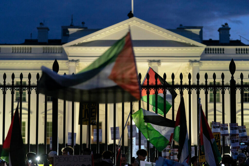 Anti-war activists wave their flags as they protest outside of the White House during a pro-Pal ...