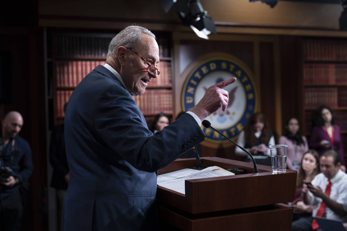 Senate Majority Leader Chuck Schumer, D-N.Y., meets with reporters before speaking to a massive ...