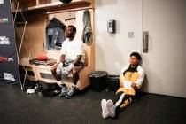 Shakur Stevenson (right) sits with Terence Crawford (left) inside the T-Mobile Arena dressing r ...