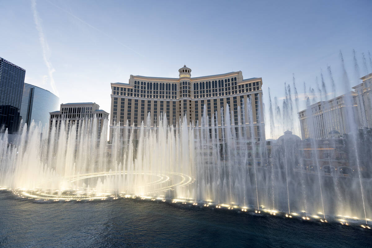 The fountain show plays as seen from the top floor of the Bellagio Fountain Club on Tuesday, No ...