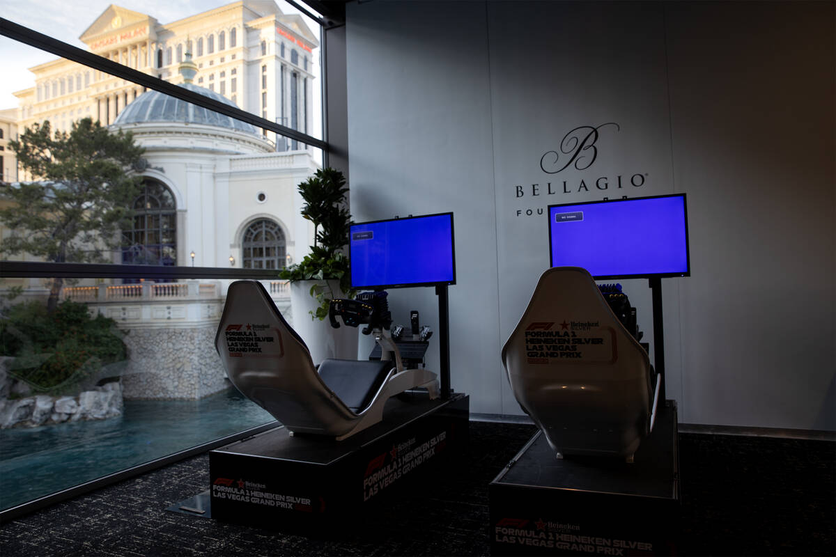 Race simulators are in the Bellagio Fountain Club ahead of the inaugural Formula One Las Vegas ...