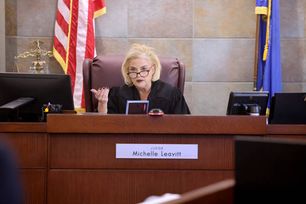 Clark County District Court Judge Michelle Leavitt presides in court during sentencing for Mich ...