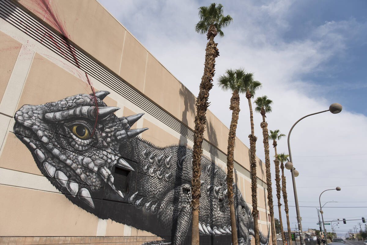ROA's mural painted for the 2014 Life is Beautiful festival is seen on Stewart Avenue at 7th St ...