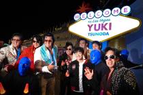 Yuki Tsunoda, Scuderia AlphaTauri, poses with Elvis impersonators and members of the Blue Man G ...