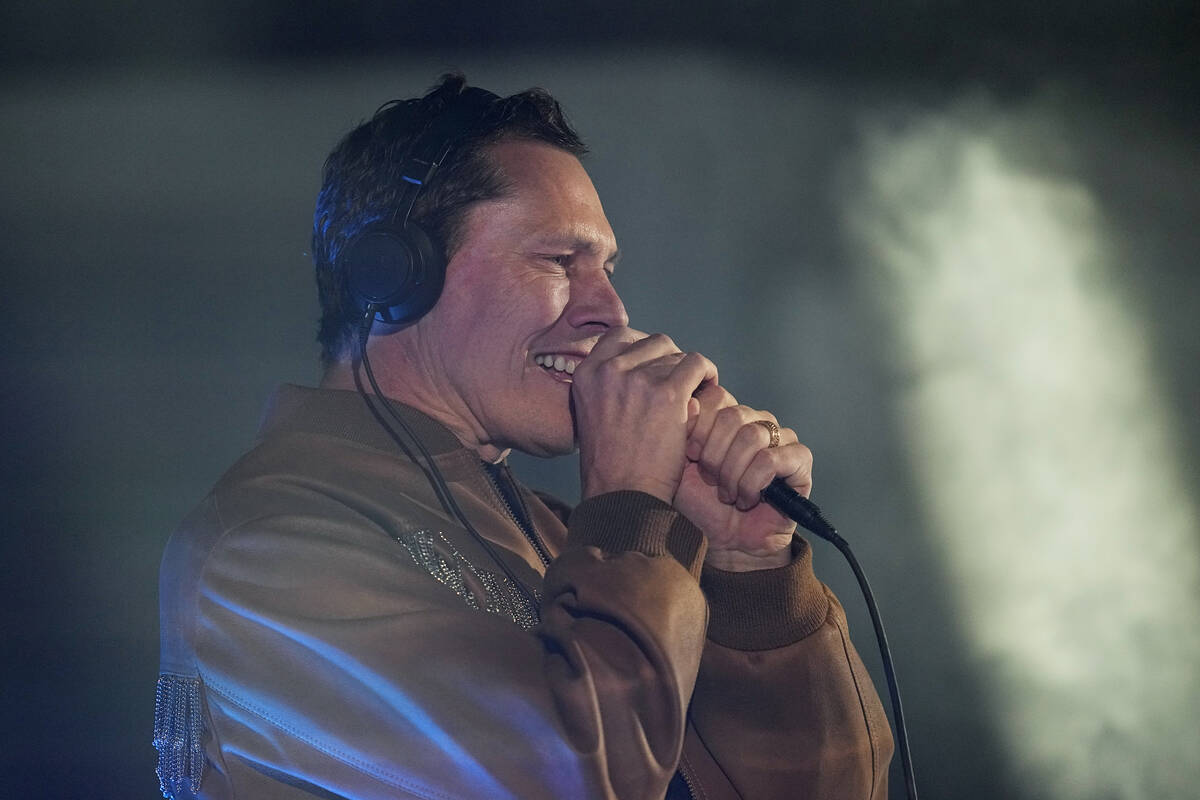 Tiesto performs during an opening ceremony for the Formula One Las Vegas Grand Prix auto race, ...
