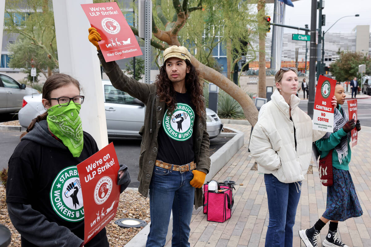 Starbucks workers picket at the Casino Center Boulevard and Clark Avenue store in downtown Las ...
